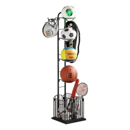 Organizador de equipamentos esportivos de basquete Ball Sport Sports Ball Storage Rack com cesta e dois ganchos de ganchos organizador de garagem e armazenamento para