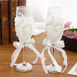 Gosses de vinho 2pc Weddin Champane Flautes Sala de noiva Preto Vestido Branco Drink Elent Flor Oblett Imitação de Pérola Decoração de Vinho Relino Copo L49