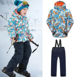 바지 어린이 스노우 보드 스포츠웨어 세트 방수 방수 방 방향 보이스 스키 정장 재킷 바지 겨울 따뜻한 따뜻한 두꺼운 스웨터 코트