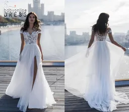 Summer Beach Bohemian Lace Chiffon Wedding Dresses A Line Cap Leci Appliques Top Slip Long Boho Wedding Gowns Plus Cp2358734