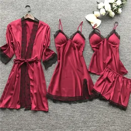 Pajamas Women Sexy Pajamas Four Piece Set Bride Strap Pajamas Women's Home Clothes with Chest Pads Pajamas