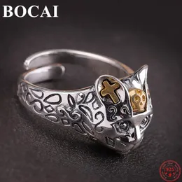 Bocai S925 스털링 실버 반지 패션 클래식 고양이 머리 크로스 조절 가능한 손 장신구를위한 단단한 아르헨티미 쥬얼리 남성 240412