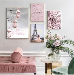 Romantic France Paris Pink Flower Feather Canvas Posters and Prints Girl Scandinavian Love Wall Art Painting Decorative Pictures