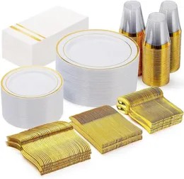 Dostępne zastawy obiadowe 350pcs Złote plastikowe płyty Disposable obejmują 50 9-calowych płyt obiadowych 6,3 cali płyty sałatkowe 150