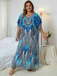 Grundläggande avslappnade klänningar 2023 Leopardtryck Kaftanklänningar för kvinnor plus Size Summer Beach Swim täcker lös passform slitage maxi klänningar Q1415 T240412