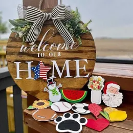 Wooden Board Round Wreath Hanging Seasonal Welcome to Our Home Sign Front Door Sign Interchangeable Pendants for Greeting Q0812288r