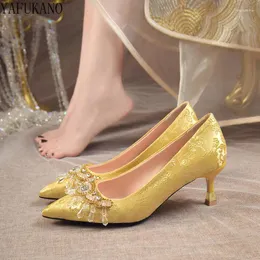 Dress Shoes Golden High Heels Women Chinese Style Pointed Low Wedding Bride Yellow Party Prom Crystal Decor Stiletto