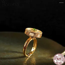 Ringos de cluster Gold plaou Gold Natural Jade Girando 925 Pura Prata para Mulheres Vintage Luxo Lucky Anel Lucky Ring