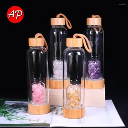 Dekorativa figurer Naturliga kristall Gemstone Glass Water Bottle Rose Quartz Gravel Direct Drinking Cup Bamboo Cover Energy Drink