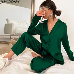 Home Clothing Nhkdsasa Women Silk Satin Satin PaJamas Pikamas Zestaw Zestaw Zestaw Solenia długa para garnituru Kobieta moda 2024 Sleep Dwuczęściowy pijama