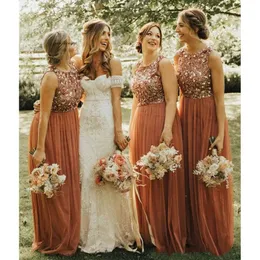 Sparkly Sequins Beaded Bridesmaid Dresses Scoop Neck Sleeveless Tulle Beach Wedding Guest Gowns Plus Size Custom Ma