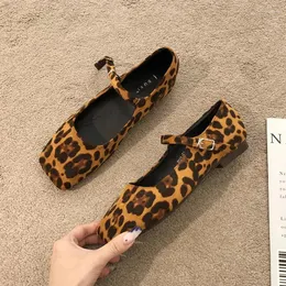 Sapatos casuais suojialun primavera feminina plana moda leopard estampar quadrado dedo dedo damas mary jane solo solo bailarinas