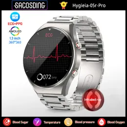 Observa o açúcar no sangue saudável relógio inteligente Men ECG+PPG Precisa Temperatura corporal Freqüência cardíaca Monitor SmartWatch HRV Pressão Relógio 2023