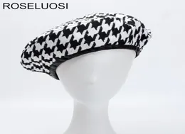 Roseluosi Autumn Winter Fashion Houndstooth basker hattar för kvinnor Black White Bonia Caps Female Gorras S181017083197841