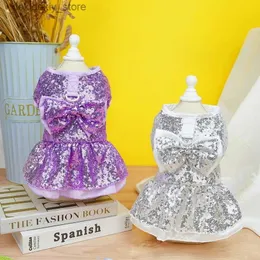 Hundkläder Pet Clothin Autumn Dress Cat Do Princess Dress Towable Purple Silvery Bow paljettklänning Party Dress Small-Medium dos Clothin L49