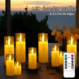 648pcs 깜박 거리는 LED 촛불을 곁들인 원격 제어 아크릴 유리 Flameless Tealight Candle 웨딩 디너 홈 장식 240412