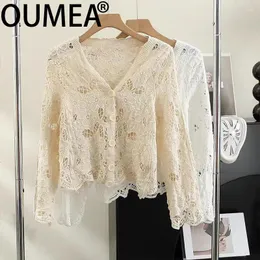 Women's Blouses OUMEA Women Crochet Sweater Cardigans Knitting Floral V Neck Beach Cotton Cover Ups Boho Solid Color Long Sleeve Tops