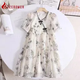 Vestidos casuais 2024 Moda de verão Impressa Maternidade Roupas de estilo chinês Mini vestido mulher doce Chiffon Manga curta Festa elegante