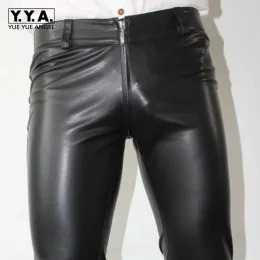 Pantolon yeni seksi fermuarlı tasarımcı erkek sıska kalem pantolon pu deri esnek adam uzun pantolon punk artı beden motosiklet bisikletçisi pantolon