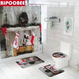 Duschvorhänge Frohe Weihnachten Badezimmer Set Socken Kaminvorhang mit Haken Nicht-Schlupfteppiche Toilettenabdeckung Bad Matten Wohnkultur