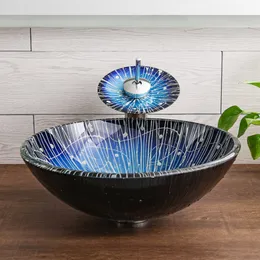 Bathroom Sanitary Ware Round Bowl Basin Hotel Countertop Washbasin Set Pattern Tempered Glass Vessel Sink