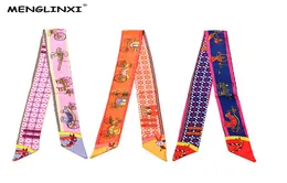 Menglinxi Bag Twillies Nya kvinnor Small Twill Silk Scarf Print Huvudbonad Handtag Bag Ribbon Long Scarves9538153