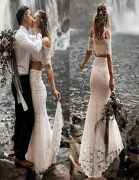 White Spets Two Piece Beach Wedding Dresses 2021 Gorgeous Off The Shoulder Garden Boho Bridal Gowns Vestidos de Novia Country Weddi9173468