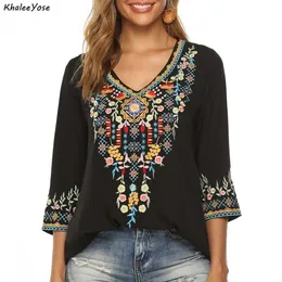 Khalee Yose Boho Bordado floral Bordada mexicana camisas de blusa vintage chic outono mulheres s3xl étnico camisa hippie tops 240412