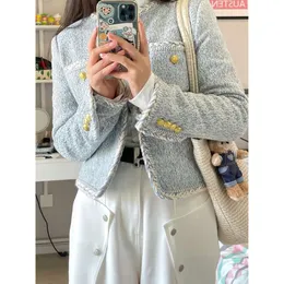 Women's Trench Coats Ce2023 Autumn Fresh Elegant Glacier Blue Woven Coat Temperament Small Fragrant Style with Gold Button Small Coat