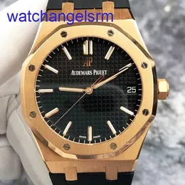 AP Crystal Wrist Watch Royal Oak Series 15500oR 고무 스트랩 남성이있는 검은 색 다이얼 18K 로즈 골드 자동 기계