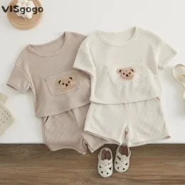 Shorts Visgogo Baby Boys Girls Clothes Summer Twopiece Waffle Outfit Baby Big Pocket Cute Bear T Shirt Tops Shorts Casual Tracksuit