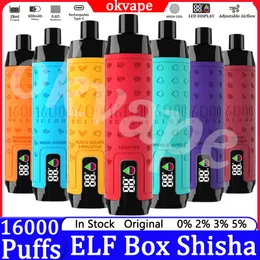 Оригинальный эльф-коробка Shisha 16000 Puffs одноразовые вайповные электронные сигареты Puff 16k светодиодный дисплей 28 мл Pod 600mah Перезаряжается 0% 2% 3% 5%.