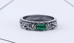 S925 Silver Tiger Head Ring Retro Sterling Silver Inlaid Malachite Double Tiger Head Ring Men and Women Trend Hip Hop Turquoise Ri8409611
