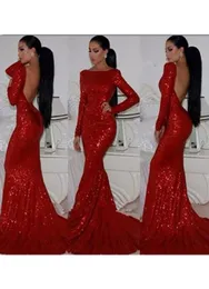 Sukienki na studniowe sukienki na studia bez pleców Pochwę Połączoną czerwoną cekinową sukienkę błyszczącą Wysoka szyja formalny wieczór Sukienki z długim rękawem 3005744