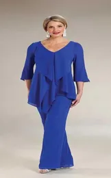 Kraliyet Mavi Gelin Elbisesi Annesi Ann's Elbiseler Takım Pantolonlar V yaka Yarım Kollu Şifon Özel Artı Beden Yeni Pantolon Takımları Düğünler İçin