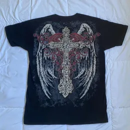 E-Girl Gothic Y2K Cyber Loose Tee, Cross Wing Print T-Shirt