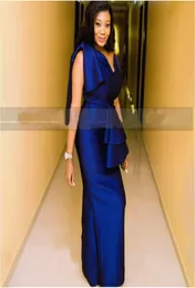 Королевские голубые атласные выпускные платья 2021 Элегантные женщины Боу V -шея рукавицы длинные русалка