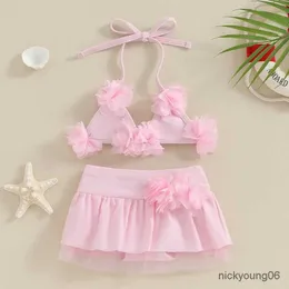 One-Pieces 0-24M Baby Swimsuits Girls Bikini Sets 2024 New 3D Flower Halter Up Tops and Mesh Skirt Shorts Toddler Bathing Suit Beachwear
