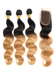 Dark Root 1B30 Ombre Human Hair Body Wave 3 Bunds med spetsstängning Brasiliansk jungfru remy hårväv 2 ton ombre hår9880489