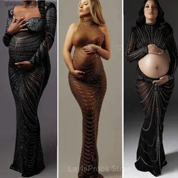 Maternity Dresses Photo shoot of pregnant womans dress Maxi evening sexy pregnant woman elegant sleeveless body party stretching rhinestone body Q240413