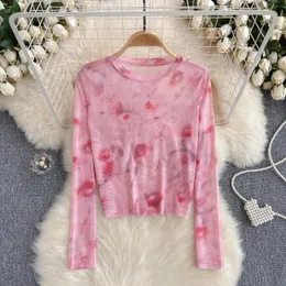 Women's Blouses Chic Tie Dye Print Mesh Asymmetric T Shirt Gauze Vintage Top Sexy Bodycon Crop O Neck Long Sleeve Tees Women Streetwear