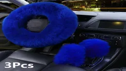 3Pcs Fur Car Steering Wheel Cover Mature Gem Blue Wool Furry Fluffy Thick Winter7318350