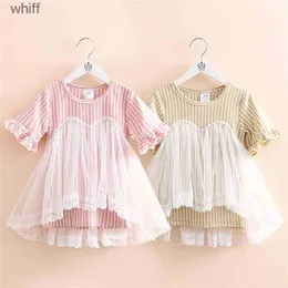 Girl's Dresses Summer New Mesh Dresses 2 3 4 6 8 10 Years Children Stripe Pattern Lace Patchwork Short Sleeve Dress For Kids Baby Girl 210414 C240413