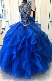 Sheer Cap Sleeves Tulle Ball Gowns Quinceanera Dresses High Neck Beaded Stones Layered Ruffles Floor Length Prom Dresses BA95144937077