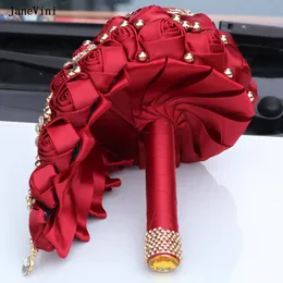 Janevini New Burgundy Cascading Bridal Bouquets with Gold Jewelry Handmade Satin Roses Crystals Waterfall Wedding Bouquet Flower