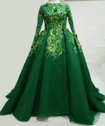 Organza Ball Gown Prom -klänningar Långa ärmar Green Muslim Elegant Modest Dresses Evening Islamic Prom Dress1561942