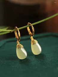 Kolczyki Dangle Natural Hetian Jade Sterling Silver Drop Ear Clip Women National Style Highgrade Light Luksus, aby dać mamie prezent