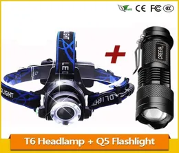 Zoom 3800LM T6 LED المصابيح الأمامية المصباح الأمامي القابل للشحن 18650 بطارية رأس المصباح Q5 Mini LED المصباح Torch9406567