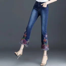 Pantolonlar yüksek bel atış işlemeli kadın kot mavi ve capris pantolon için capris pantolon Cepleri ile kırpılmış boru denim ucuz takılmış z