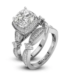 2 datorer Dazzling Unique Love Design 925 Sterling Silver White Sapphire Diamond Wedding Engagement Ring Set Storlek 61059938222965773